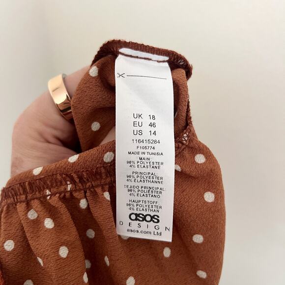 [ASOS] Brown White Polka Dot Print Babydoll Shirred Puff Sleeve Mini Dress Sz 14 - Picture 11 of 11